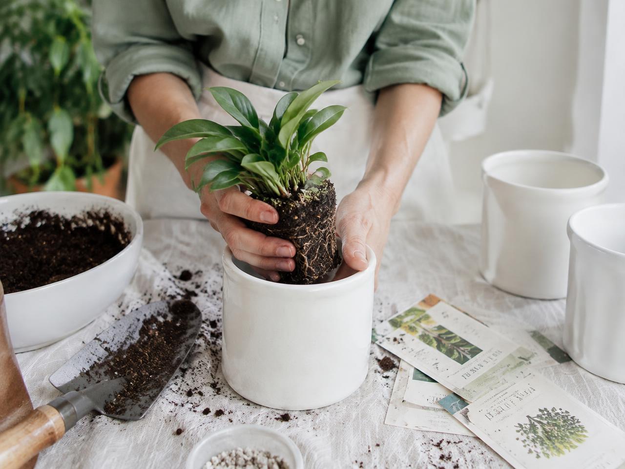 Hands repotting a young plant into a white ceramic pot