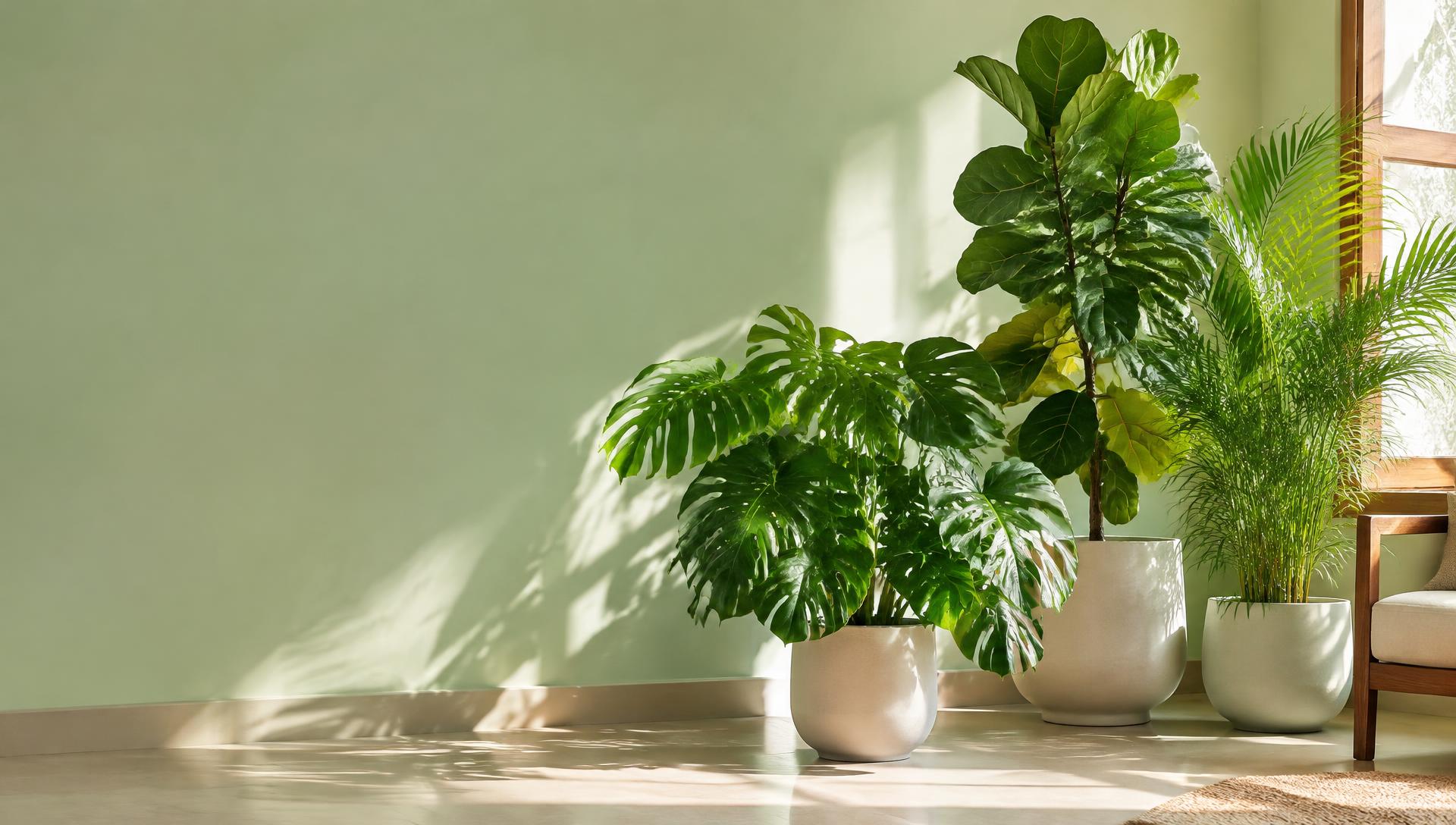 Monstera, fiddle leaf fig and palm in white pots by a sunlit wall